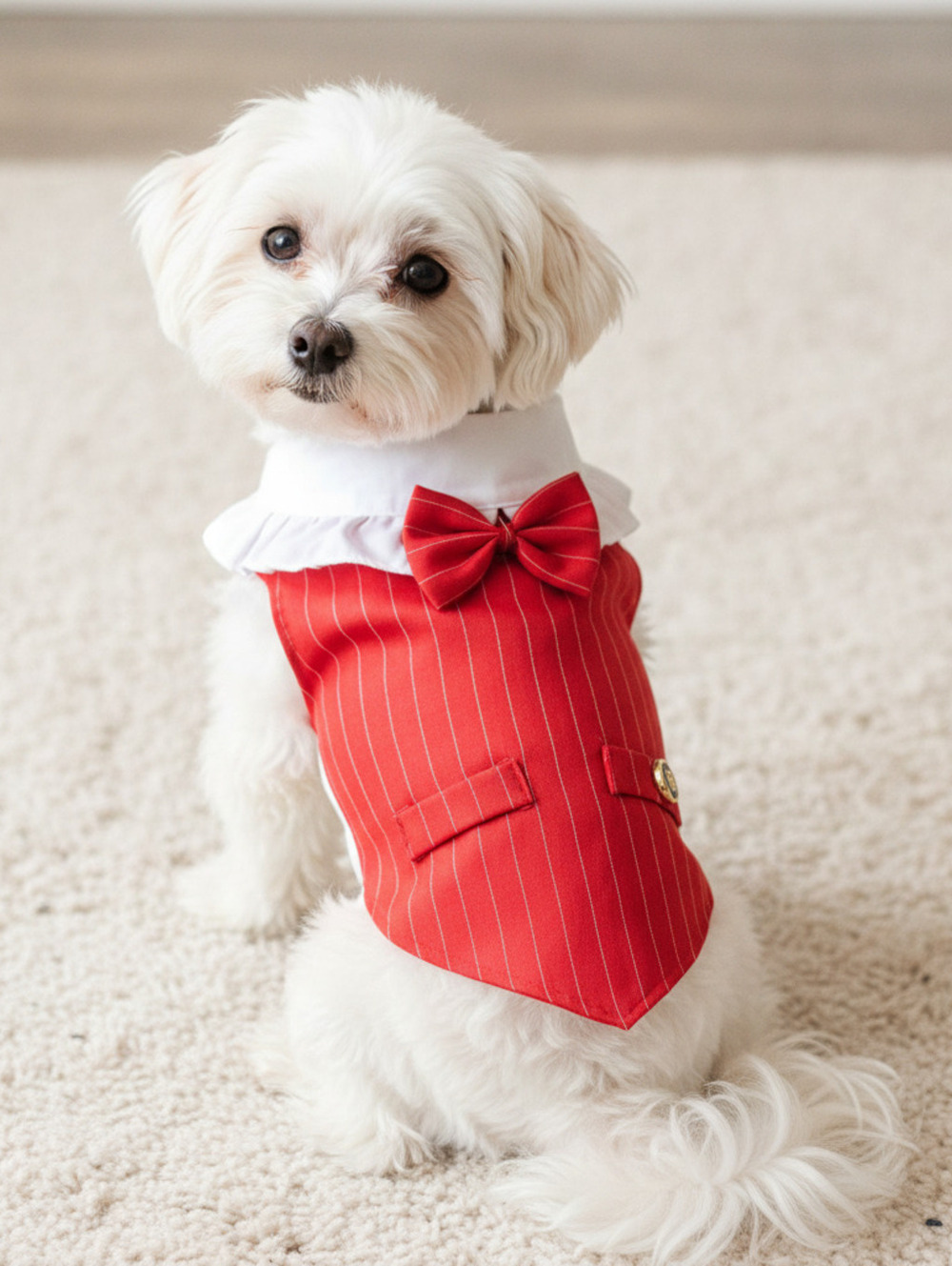 Pet Dog Red Pinstripe Vest with White Shirt and Bow Tie Costume